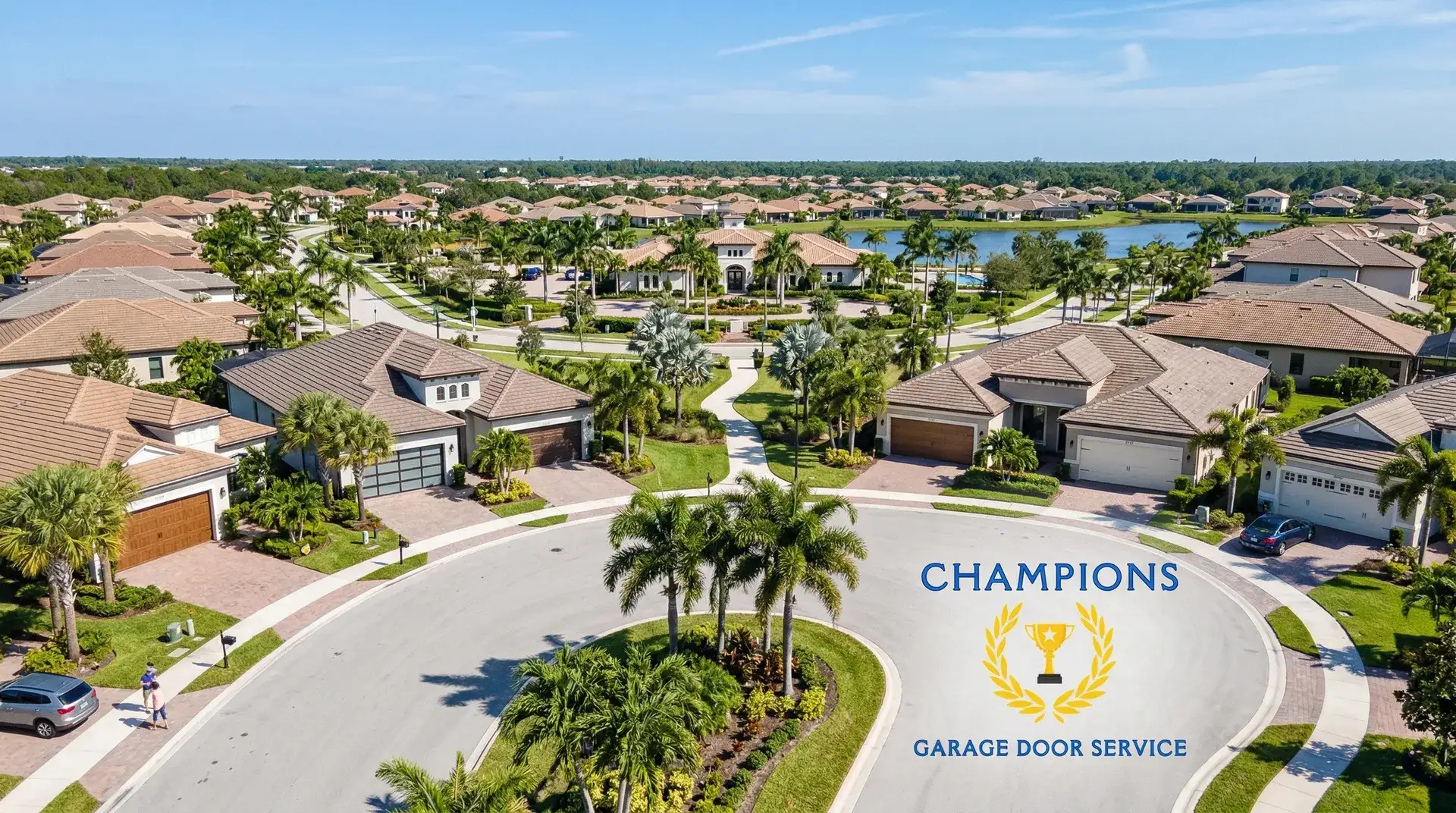 Aerial view of Florida residential neighborhood with homes Champions Garage Door serves