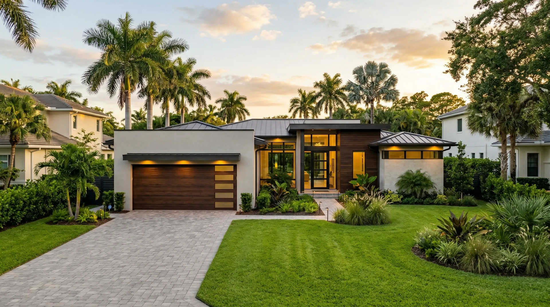 Luxury modern Florida home with garage door