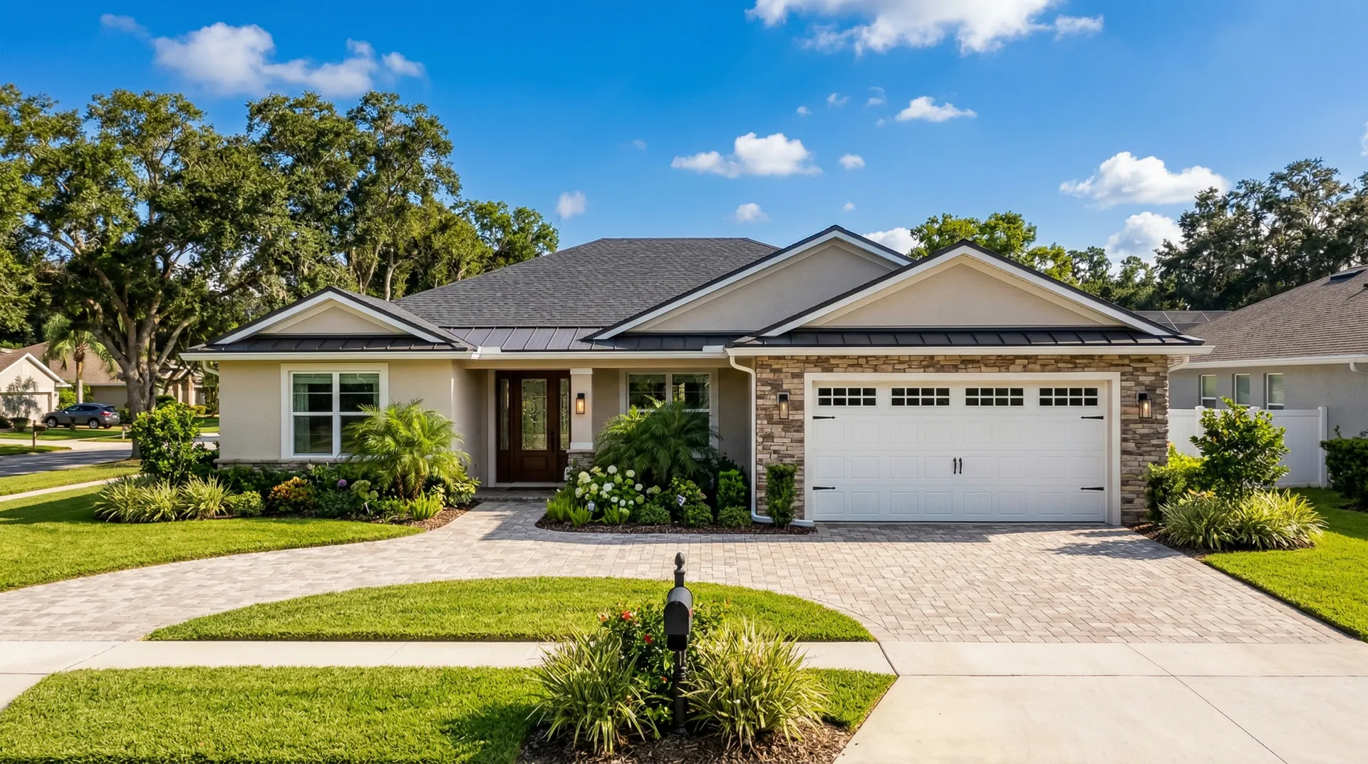 Florida ranch home with new white garage door
